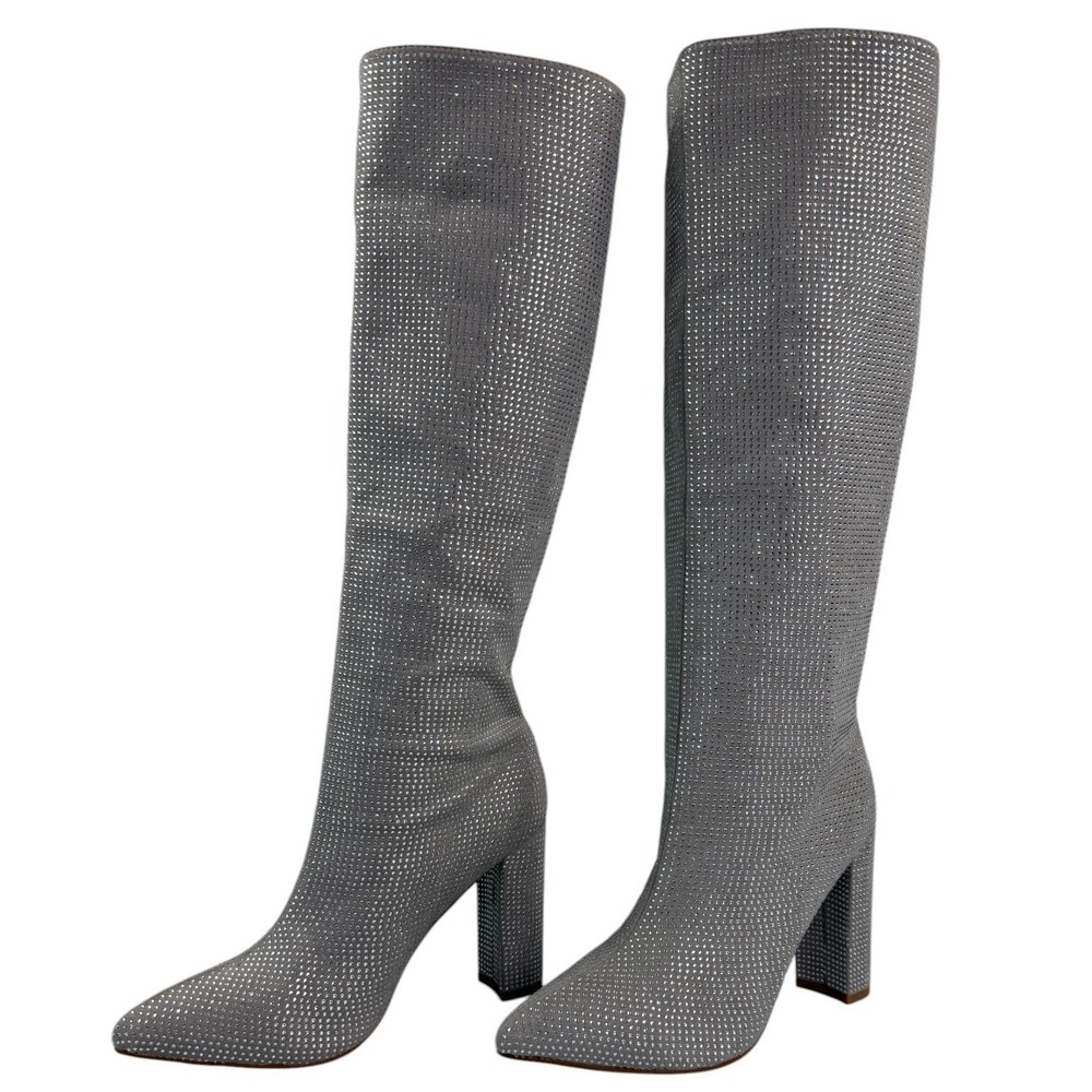 BILLINI Miley Silver Rhinestone Knee High Boots Women's 9 Pointed Toe Block Heel